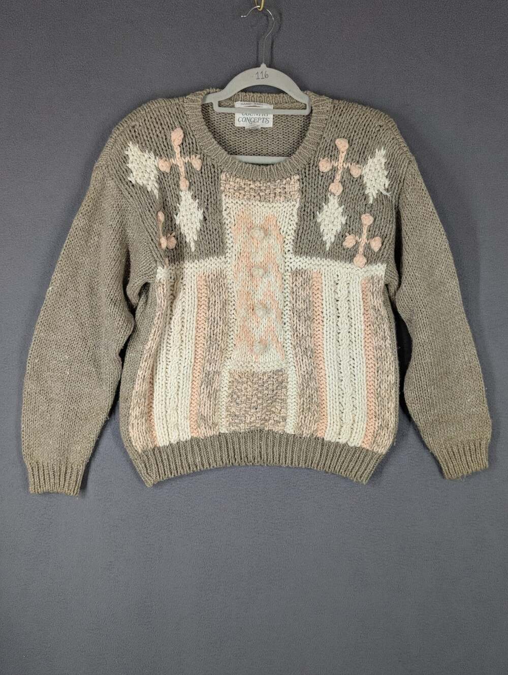 Vintage Country Concepts Sweater Size Large Pom Poms Hand Knit
